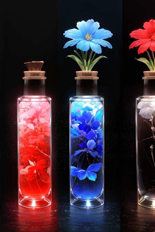 no human, bottle, flowers in the bottle, liquid, red liquid, reflection, dark background, black background